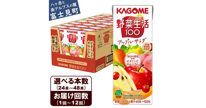 【ふるさと納税】【選べる本数 回数】 カゴメ 野菜生活100 アップルサラダ 200ml 本数24本～48本 定期便 2ヶ月～12ヶ月 計24～576本 ジュース 野菜 果実ミックスジュース 果汁飲料 紙パック 砂糖不使用 1食分の野菜 カルシウム にんじん汁 飲料類 ドリンク 野菜ドリンク