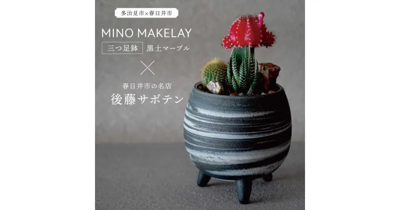 【ふるさと納税】多治見市×春日井市コラボ 【美濃焼】 MINO MAKELAY 三つ足鉢 黒土マーブル × 【日本有数のサボテンの生産地】春日井市の名店 後藤サボテン 【井澤コーポレーション】 [TBP162]